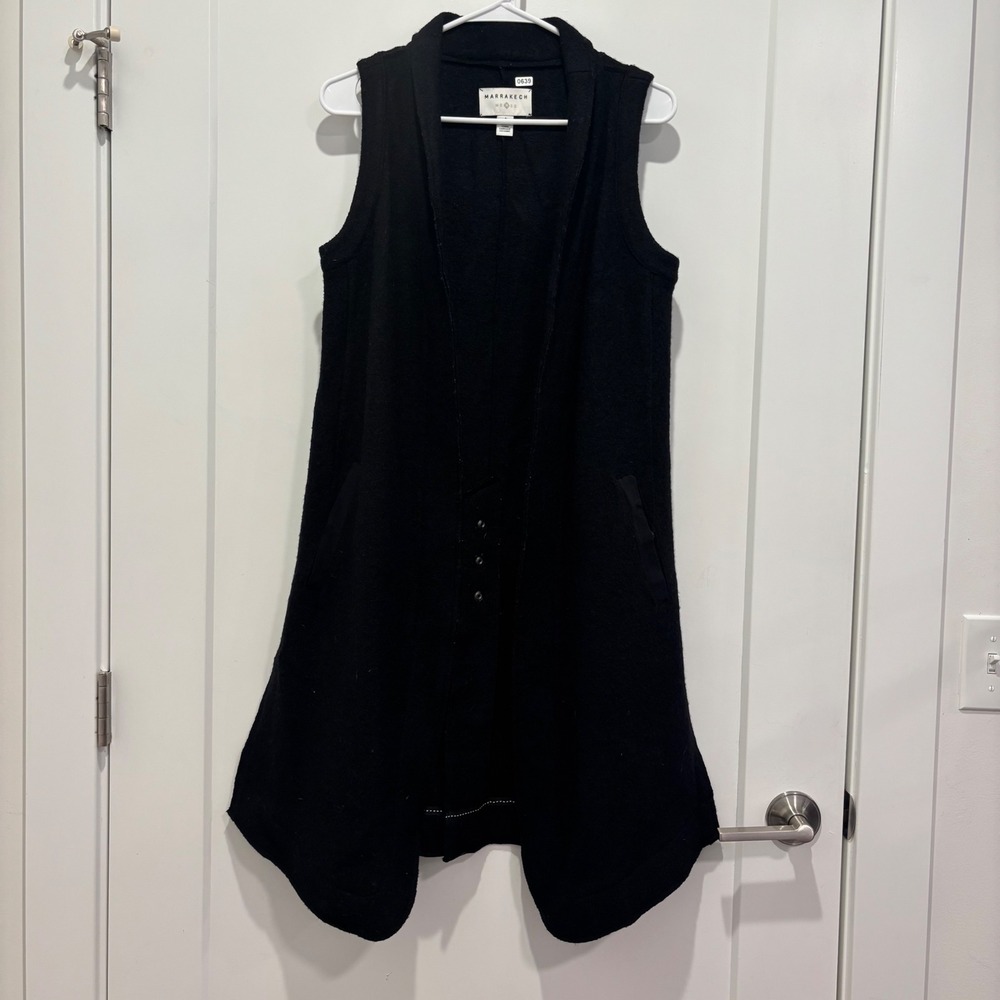 Marrakech Black Wool Blend Longline Open Front Duster Vest Womens Small